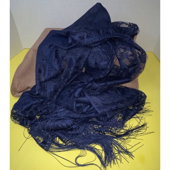 Women's Elegant Floral Lace Shawl Scarf Blue Fringe Clothing Accessory Formal - Picture 4 of 14